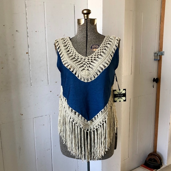 Cliche Tops - Cliche Crochet Fringe BoHo Denim Top